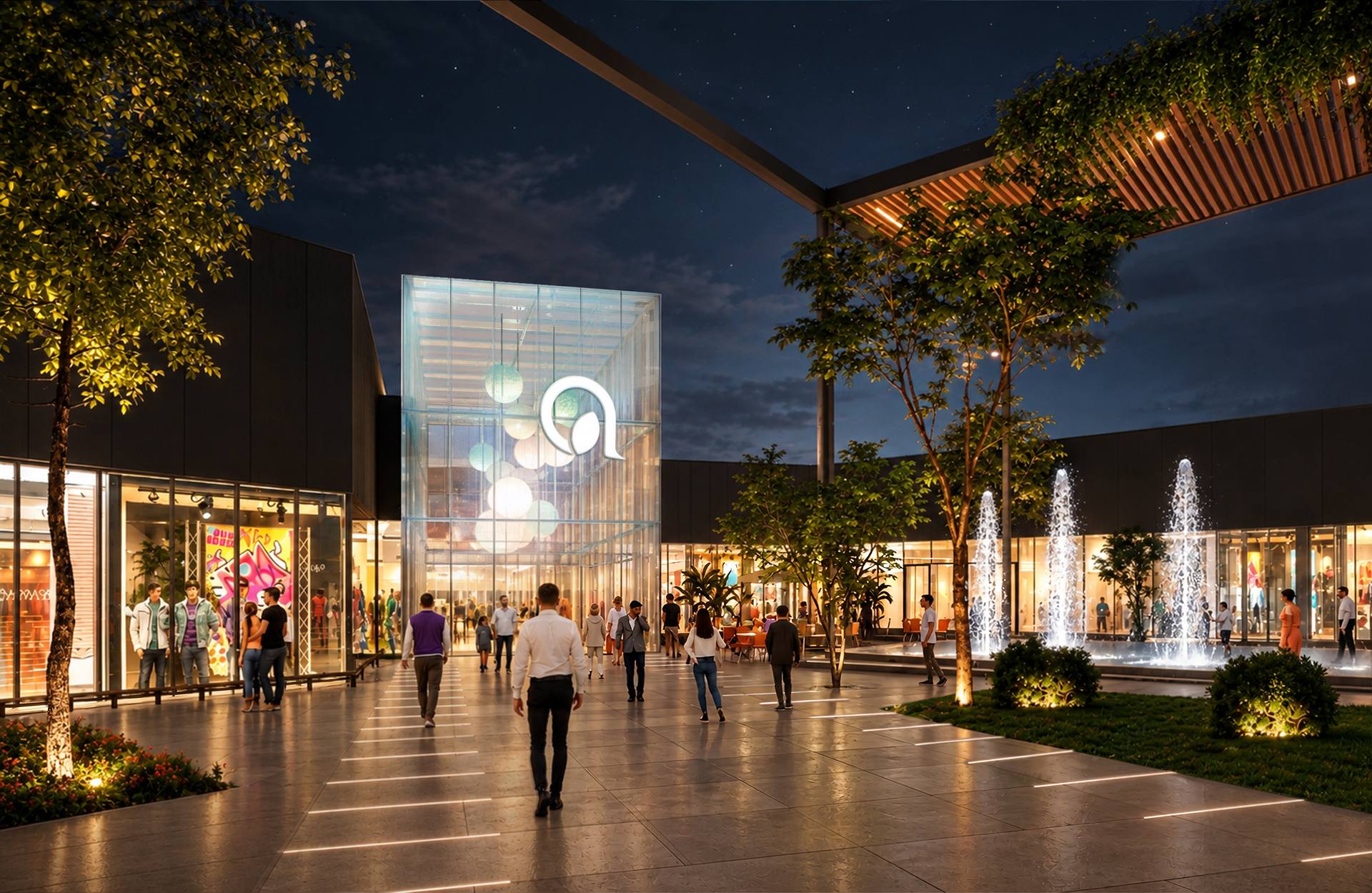 Render del acceso de Aventura Shopping de noche, con la caja de vidrio iluminada